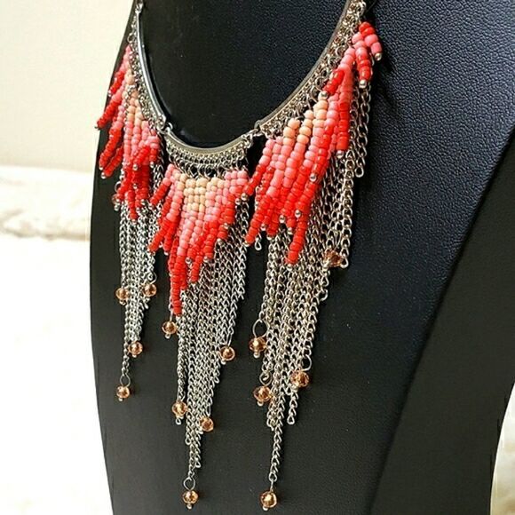 Jules B. Vintage Fringe Orange Beaded Necklace -  Statement Piece - Picture 4 of 6